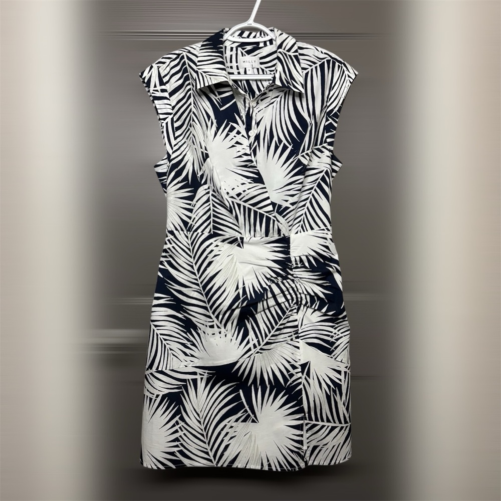 MILLY Maxwell Palm Print Poplin Dress Navy Blue & White Size 12 - Picture 4 of 15